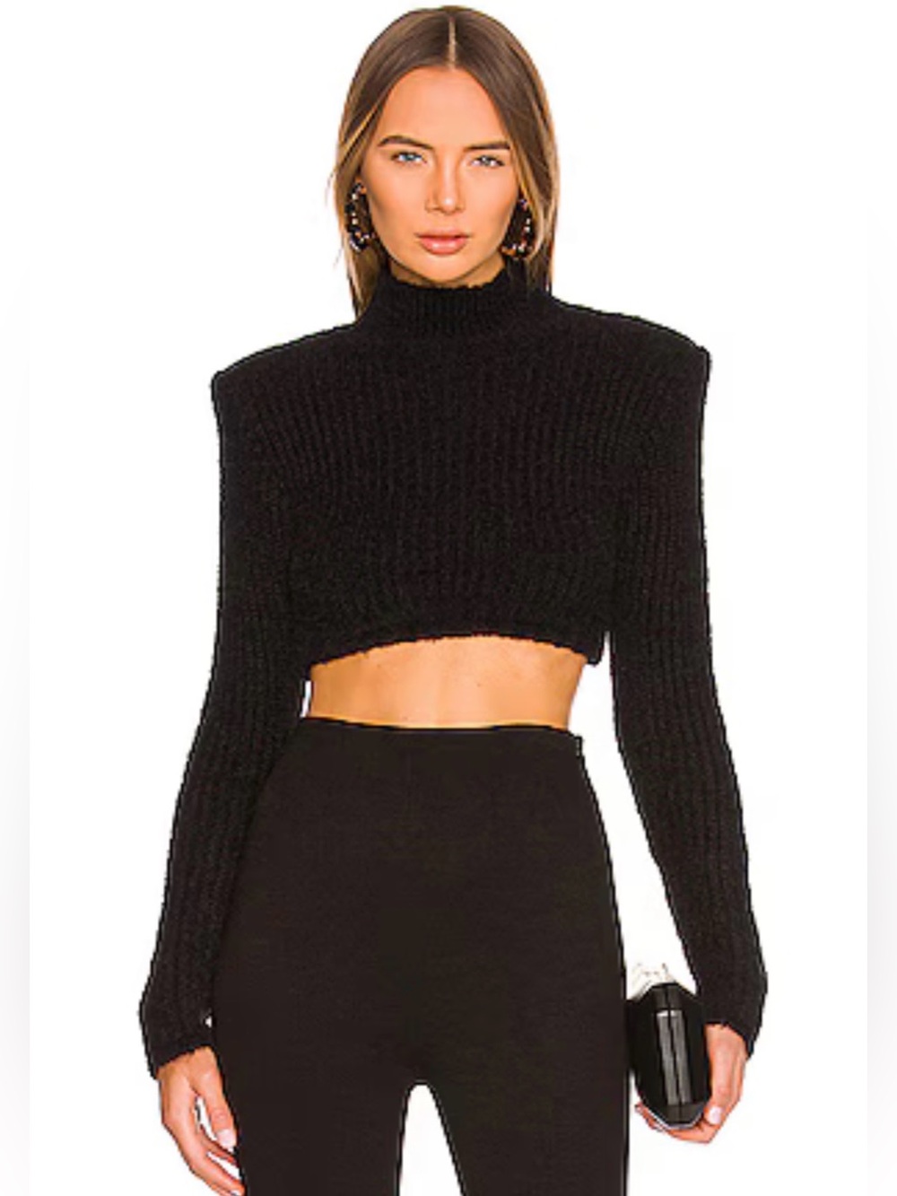 NBD The Tory Strong Black Cropped Ribbed Mock Neck Sweater with Strong Shoulders